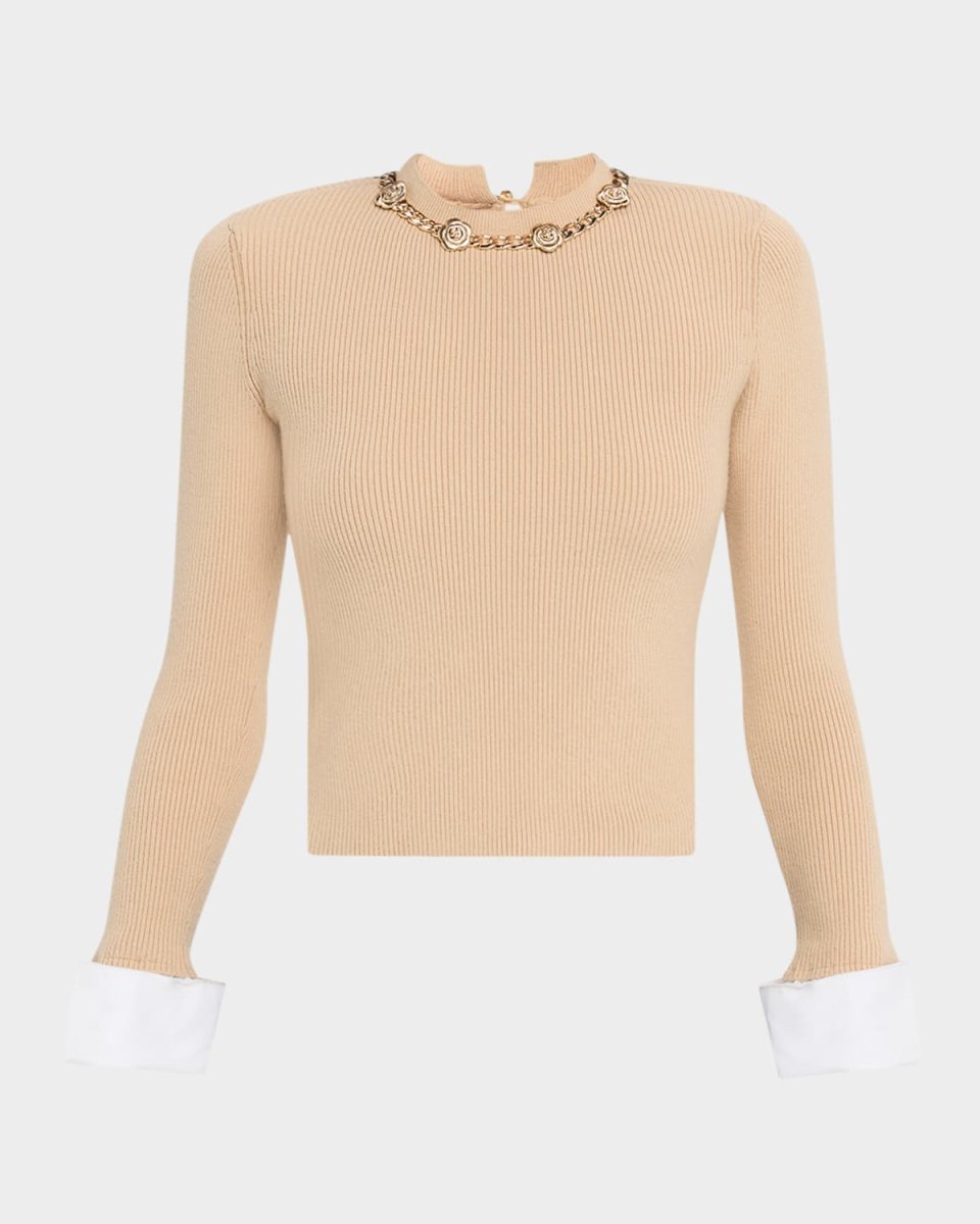 Leiber Ribbed Rose Chain Sweater